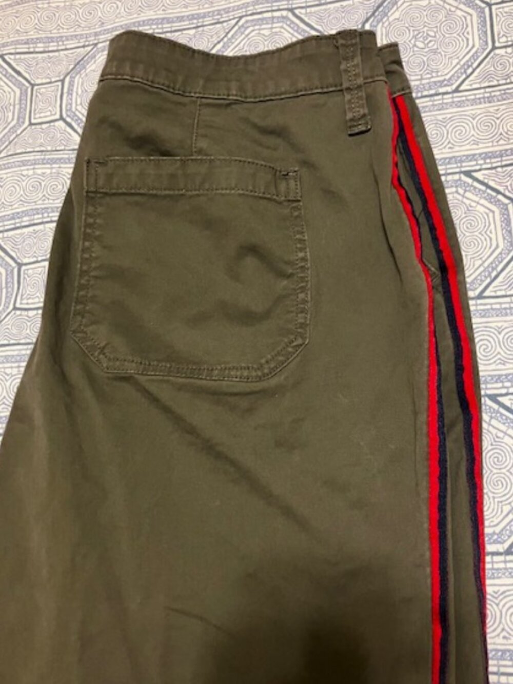 Army Green Midrise Girlfriend Crop Pants with Black and Red Stripes